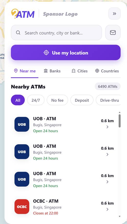 2ATM — nearby ATMs with filters, hours and distance